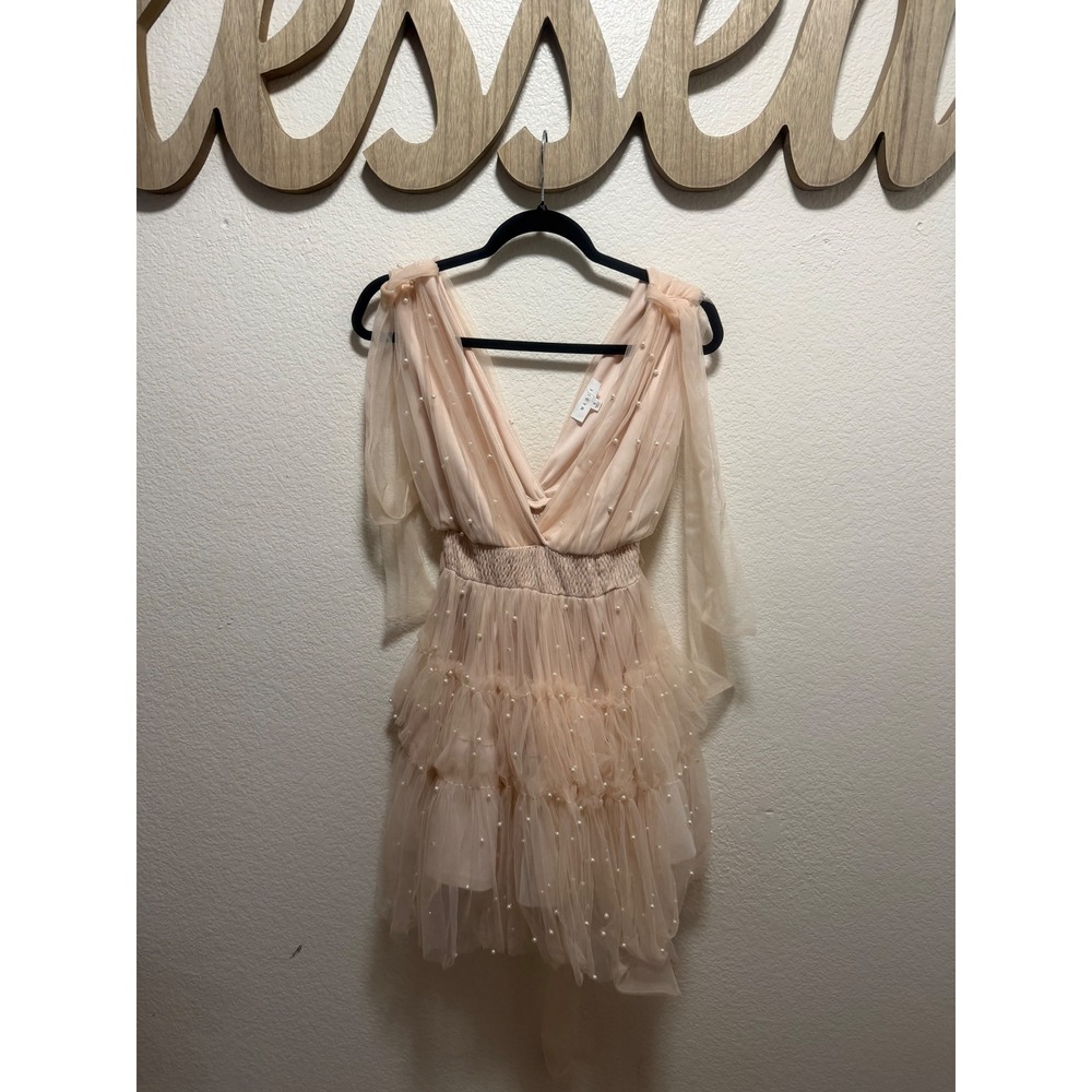 Mable Pearl Embellished Tulle Mini Dress Blush Pink V-Neck Smocked Waist Small
